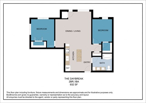 Floor plan for 2 beds, 1 bath, 932 sqft
